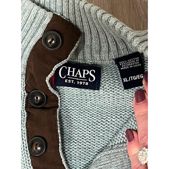 Mens CHAPS Pullover 3-Button Sweater,Patch Elbows, Aqua , XL #300-E - Picture 4 of 4